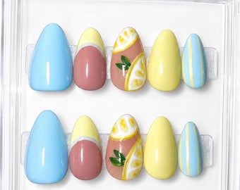 Lemon Summer Press-On Nails | Handmade Fruit Manicure, Reusable Vacation Style