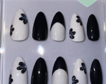 White & Black Floral Press-On Nails | Modern French Almond Nails | Minimalist Flower Press Ons