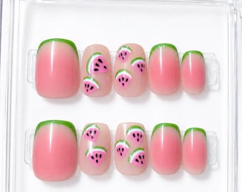 Watermelon Summer Press-On Nails | Pink Ombre Green French Fruit Manicure
