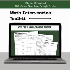 May include: A laptop displays a "Math Intervention Toolkit" with the text "MTSS / RTI PLANNING, TRACKING, & REVIEW." The screen shows a session log, student overview, and progress monitoring summary. The top banner reads "Digital Download."