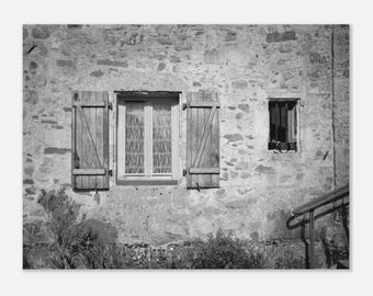 Shuttered Window – Stone Wall Architecture, Black and White Fine Art Print