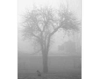 Foggy Morning with Dog – Minimalist Black and White Landscape Print