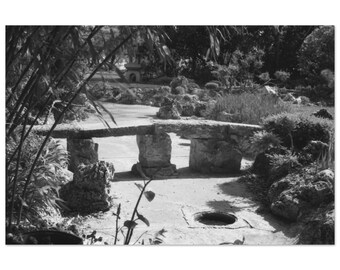 Stone Bench in a Japanese Garden – Minimal Black and White Photography