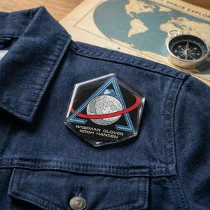 Space Mission Acrylic Pin | Astronaut Patch Style Badge | Moon Orbit Explorer Accessory | Science Gift for Space Lovers