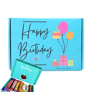 May include: A bright blue rectangular gift box featuring the text Happy Birthday, a cake, balloons, and presents. An open smaller box sits in front, filled with various chocolate candy bars including Wispa, KitKat, Yorkie, Aero, Mars, and Twix.