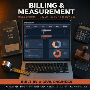 Può includere: Un portatile che mostra una dashboard di fatturazione con grafici, circondato da un libro di misurazioni etichettato IS 1200 CPWD, una calcolatrice nera, un metro a nastro da 10 cm, un timbro in legno con scritto CHECKED e un tampone.