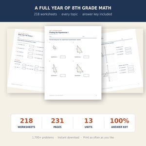 May include: A collection of 8th grade math educational materials featuring 218 worksheets across 13 units, totaling 231 pages. The documents include geometry problems, coordinate plane exercises, and algebraic equations with an answer key included.