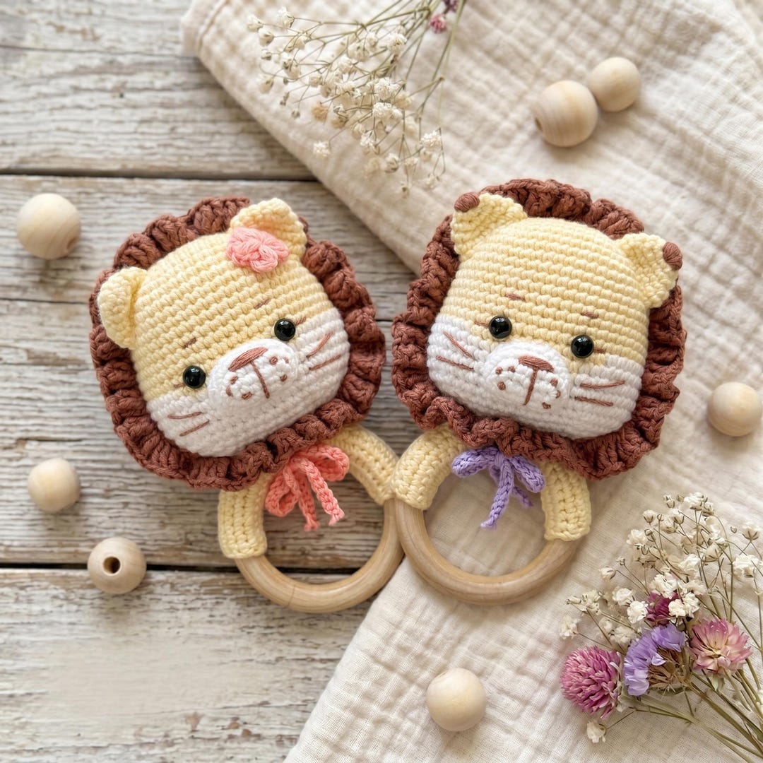 Lion Baby Rattle Crochet Pattern PDF: Amigurumi Teether Ring Toy ...