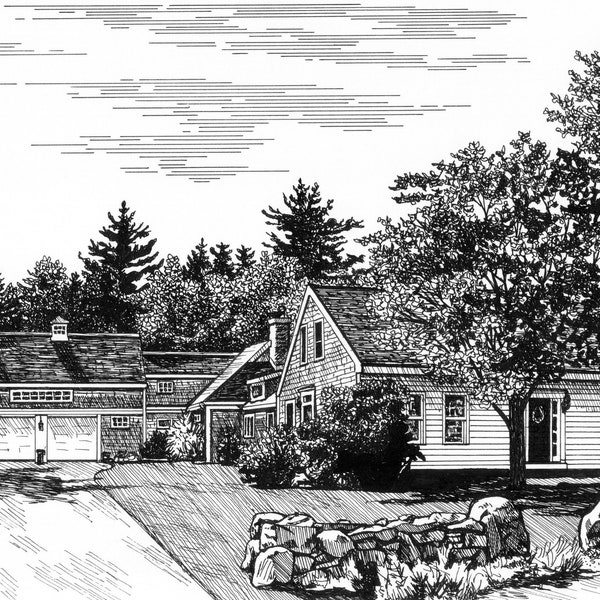 Ink Sketch Portrait of Your Home House Black and White Hand Drawn Drawing Rendering Original