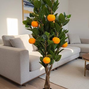 May include: Artificial orange tree with vibrant green leaves and bright orange fruit. The tree is in a black pot and stands in front of a light gray couch. The tree is a decorative item for home decor.
