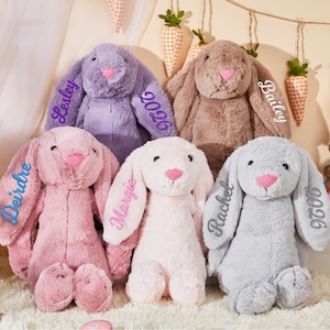 May include: A selection of soft, plush Easter bunnies in pastel shades of lavender, pink, white, grey, and brown. Each bunny features a name embroidered on one ear and the year 2026 on the other. They have pink noses and soft fur.