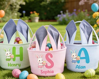 Custom Name Easter Basket for Kids – Seersucker Bunny Ears Basket,Personalized Easter Gift for Boy Girl,Cute Egg Hunt Bucket,Spring Keepsake