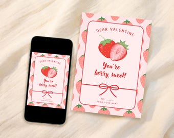 Punny Strawberry Valentine's Day, Berry Sweet Editable Canva Template, Aesthetic Valentine Exchange, Cute School Cards, Digital Download