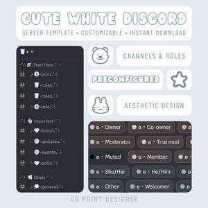 かわいい白いDiscordサーバーテンプレート、美的ストリーマーコミュニティ、ミニマルなミルキーソフトテーマ、モノクロ、事前設定済みのかわいいゲーム、アート