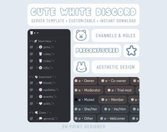 Plantilla de servidor Discord blanca y linda, comunidad de streamers estética, tema suave y minimalista, monocromático, juegos kawaii preconfigurados, arte