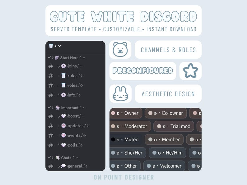 Cute White Discord Server Template, Aesthetic Streamer Community, Minimal Milky Soft Theme, Monochromatic, Preconfigured Kawaii Gaming, Art image 1