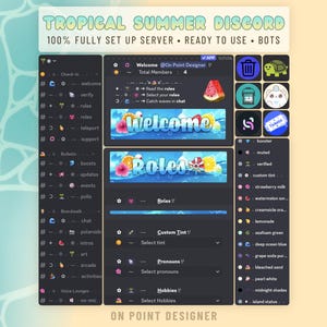 May include: A digital interface for a Tropical Summer Discord server, featuring a dark theme with blue water-themed banners, tropical fruit icons, and organized channel lists. The text reads Tropical Summer Discord, 100% Fully Set Up Server, Ready To Use, Bots, Welcome, Roles, and On Point Designer.