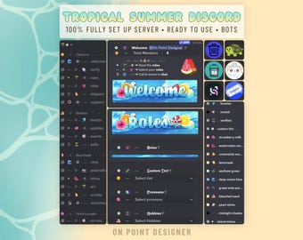 Servidor Discord tropical completamente configurado, listo para usar, con una estética veraniega, totalmente configurado, ideal para juegos, arte y streaming.