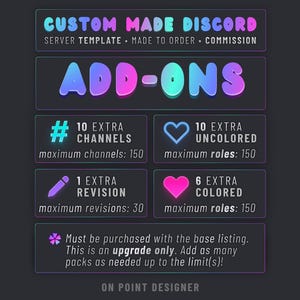 Beställningsbara Discord-servertillägg, extra kanaler, roller, revideringar och uppgraderingar för mallkommissionsdesign, spelstreamer