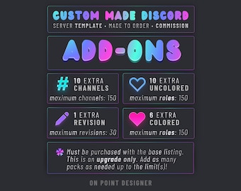 Complementos personalizados para servidores Discord, canales adicionales, roles, revisiones y actualizaciones para plantillas de diseño de streamers de videojuegos.