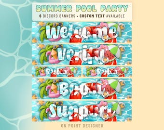 6 Summer Pool Party Discord Banners, Custom Twitch Header GFX, Cute Beach Server Headers Pack, Welcome, Rules, Roles, Boost, Verify Graphics