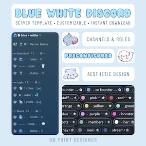 Plantilla de servidor Discord azul y blanco, comunidad de streamers estética, tema oceánico, juegos kawaii preconfigurados, arte imagen 1
