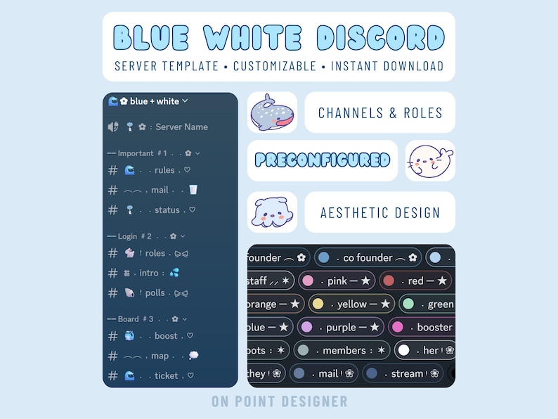 Plantilla de servidor Discord azul y blanco, comunidad de streamers estética, tema oceánico, juegos kawaii preconfigurados, arte imagen 1