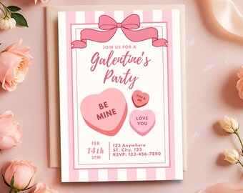 Coquette Galentine's Day Party Invitation, Pink Bow Editable Canva Invite Template, Aesthetic Valentine Candy Heart Evite, Digital Download