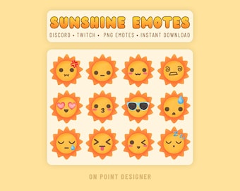 12 Sunshine Emotes Pack | Kawaii Sun Twitch, Discord, & Streamers | Yellow Summer Chibi Sticker Graphics Bundle