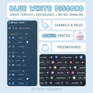 Puede incluir: Gráfico digital con fondo azul claro, que presenta una plantilla de servidor Discord. El diseño incluye secciones para el nombre del servidor, canales, roles, emoticonos de bonificación y configuraciones preconfiguradas. El texto incluye "BLUE WHITE DISCORD" y "ON POINT DESIGNER."