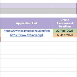 May include: A spreadsheet labelled "Graduate Applications" detailing firm names, application deadlines, and online assessment statuses. The table includes columns for application links and recruiter names. The status of the applications are color-coded.