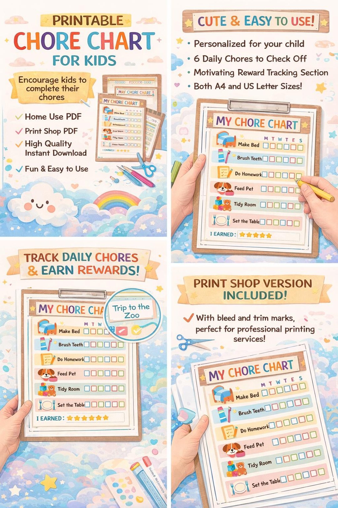 Kids Chore Chart Printable | Weekly Reward Tracker for Children | A4 ...