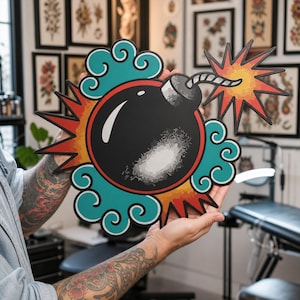 Old School Bomb Tattoo Metal Wall Art, Traditional Cloud Bomb Tattoo Style Wall Sign, Retro Flash Art,  Bomb Burst Metal Wall Plaque