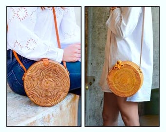 Bolso redondo estilo boho en ratán natural, elegante y hecho a mano en Bali, bolso de verano para mujer, bolso de hombro artesanal, bolso de playa estilo boho.