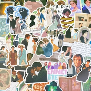 Peut inclure: Une collection d'autocollants sur le thème de Pride and Prejudice présentant diverses illustrations de personnages, de scènes romantiques et de citations du roman, incluant des textes comme "talk Darcy to me" et "It's always "wyd" and never "You have bewitched me body and soul."