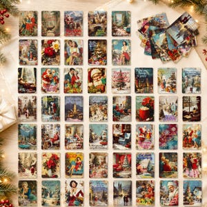 Könnte beinhalten: Eine Sammlung rechteckiger Weihnachtskarten mit Illustrationen im Vintage-Stil von Weihnachtsmann, Winterlandschaften, festlichen Innenszenen und Weihnachtsgrüßen, die in einem Raster mit einem zusätzlichen Stapel angeordnet sind.