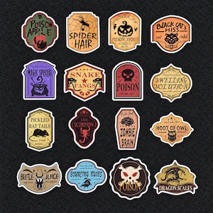 May include: A collection of sixteen rectangular and shield-shaped stickers featuring vintage-style labels with various illustrations and text including Poison Apple, Spider Hair, Pumpkin Hale, Black Cat's Hiss, Magic Special, Snake Fangs, Poison, Swelling Solution, Pickled Rat Tails, Tail Scorpion, Zombie Brain, Hoot of Owl, Beetle Juice, Bouncing Bulbs, Poison, and Dragon Scales.