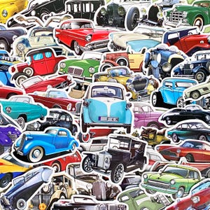 May include: A collection of assorted vintage car stickers featuring various classic automobiles in red, blue, green, and black. The designs include convertibles, sedans, and coupes with detailed chrome accents, headlights, and wheels in a collage layout.