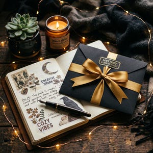 May include: A cosy still life arrangement with a lit candle, a succulent, and an open journal with stickers and text. A black envelope tied with a gold ribbon rests on the journal. Fairy lights and a dark blanket add to the warm atmosphere.