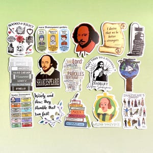 May include: A collection of seventeen die-cut vinyl stickers featuring William Shakespeare themes, including portraits, stacks of books with play titles like Hamlet and Macbeth, quotes, and character illustrations in various colours and artistic styles.