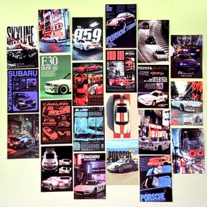 May include: A collection of rectangular posters featuring various sports cars, including models like the Porsche 959, BMW M3, Toyota Supra, and Nissan Skyline. The prints display diverse automotive designs, racing scenes, and technical text.