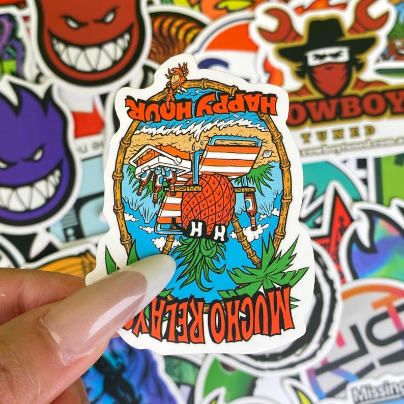 May include: A sticker with a tropical beach scene, featuring a pineapple, beach chair, and the words "Happy Hour" and "Mucho Relax". The sticker has a bamboo frame and palm trees, with a blue and orange color scheme.