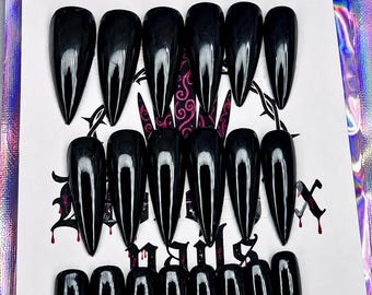 Black set of 20 Press On Nails – Gothic Witchy Alternative Stiletto Coffin Almond Shapes