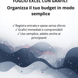 Può includere: File Excel digitale con il testo "GESTIONE SPESE MENSILI FOGLIO EXCEL CON GRAFICI" e "Organizza il tuo budget in modo semplice". L'immagine ha uno sfondo bianco con forme astratte blu e grigie. Il file serve per il monitoraggio di entrate e uscite.