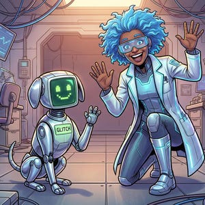 Puede incluir: Ilustración de una mujer y un perro robot en un laboratorio futurista. La mujer, con pelo azul y gafas, saluda. El perro robot tiene una cara de pantalla con una sonrisa y la palabra "GLITCH". Ordenadores y monitores llenan el fondo.