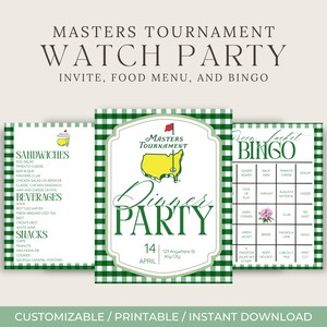 May include: A set of three printable Masters Tournament party invitations, food menu, and bingo cards. The design features a green and white checkered pattern, with text that reads "Masters Tournament Watch Party".