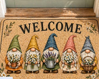 Gnome Welcome Doormat with Colorful Flowers, Cute Garden Gnomes Entryway Rug, Machine Washable Non-Slip, Thick Absorbent Soft Mat for Porch
