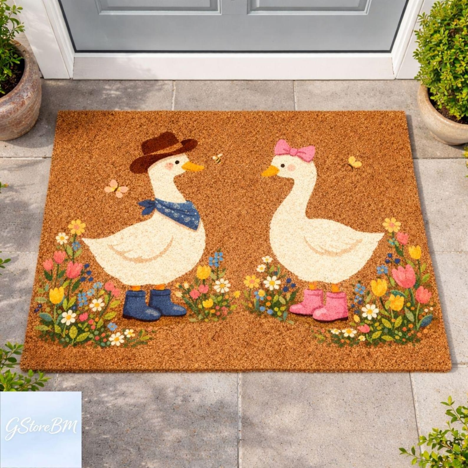 Goose Welcome Imitation Coconut Brown Mat, 90s Goose Couple Floral Doormat, Vintage Outdoor Entry Rug, Country Farm Decor Gift
