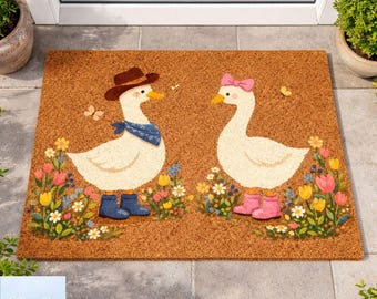 Goose Welcome Imitation Coconut Brown Mat, 90s Goose Couple Floral Doormat, Vintage Outdoor Entry Rug, Country Farm Decor Gift