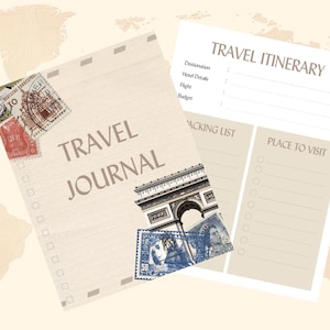 May include: Two beige travel-themed notebooks. One is labeled "TRAVEL JOURNAL" with postage stamp illustrations. The other is a "TRAVEL ITINERARY" with sections for destination, flight, and budget, plus a packing list and places to visit.